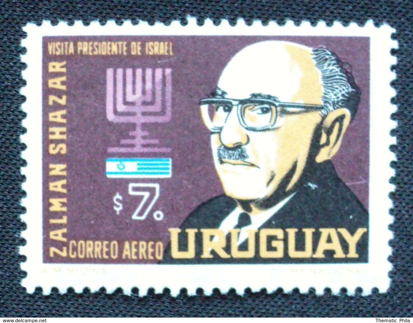 1966 URUGUAY MNH AIR MAIL Yvert A282 - Israel President Zalman Shazar - Menorá - Candelabro Judio - Uruguay