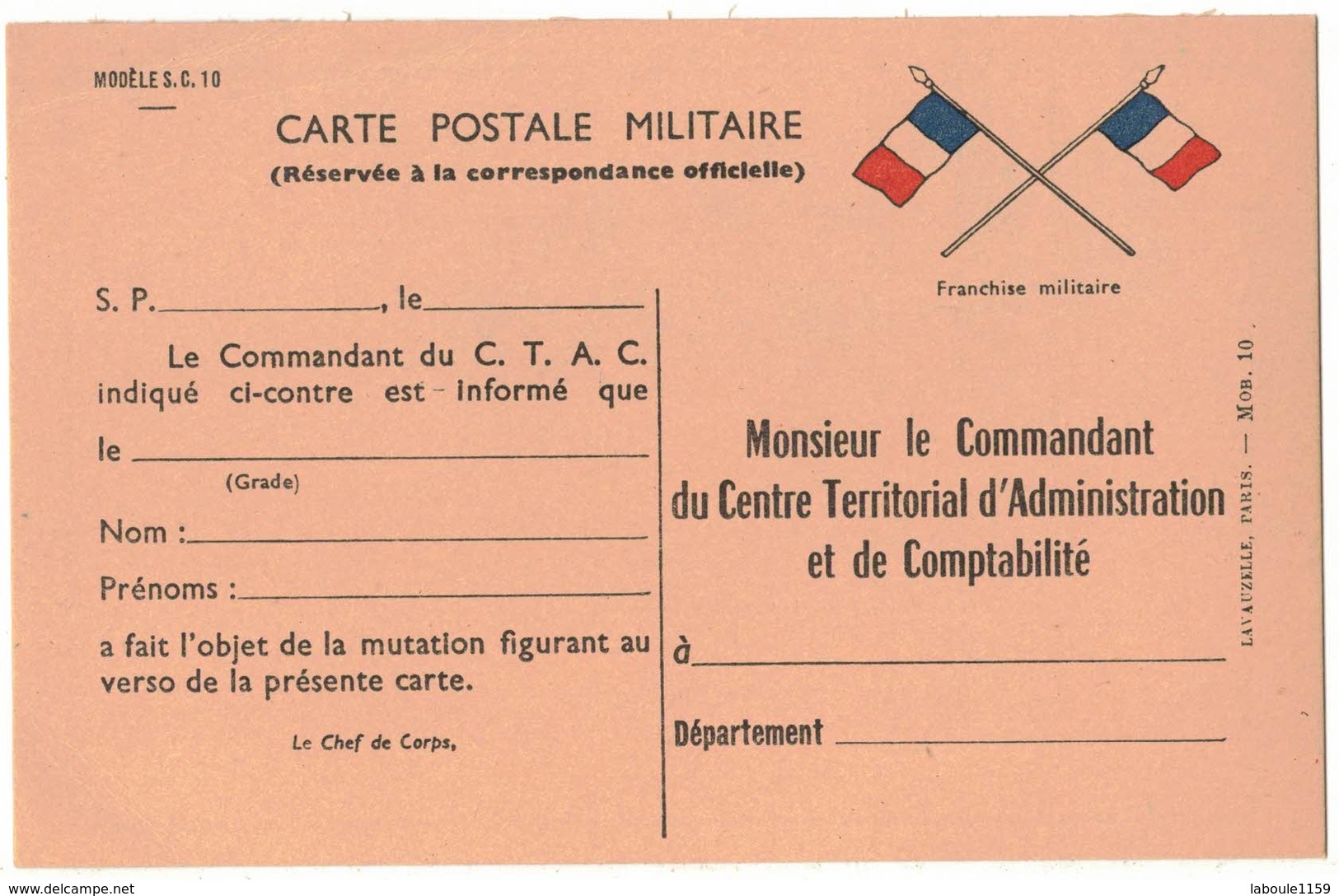 FRANCHISE MILITAIRE VIERGE : CARTE POSTALE MILITAIRE CTAC MONSIEUR LE COMMANDANT DU CENTRE TERRITORIAL D'ADMINISTRATION - Lettres & Documents