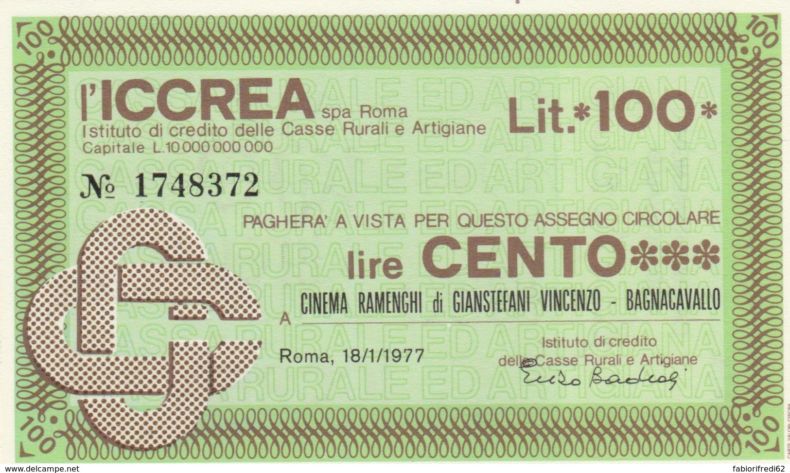 MINIASSEGNO ICCREA CINEMA RAMENGHI L.100 FDS (YM219 - [10] Assegni E Miniassegni