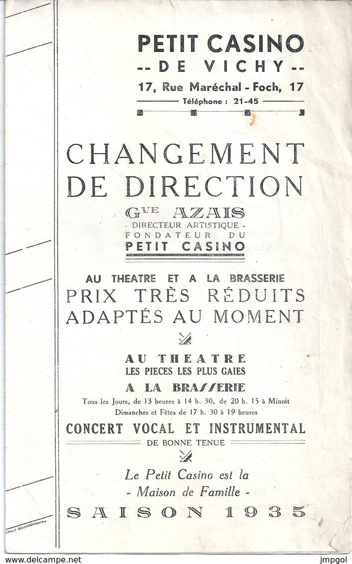 Programme Petit Casino De Vichy 1935 "La Mouche Espagnole" Vaudeville Bach Et Devère Georges Zehr Laurence Parfait... - Programs