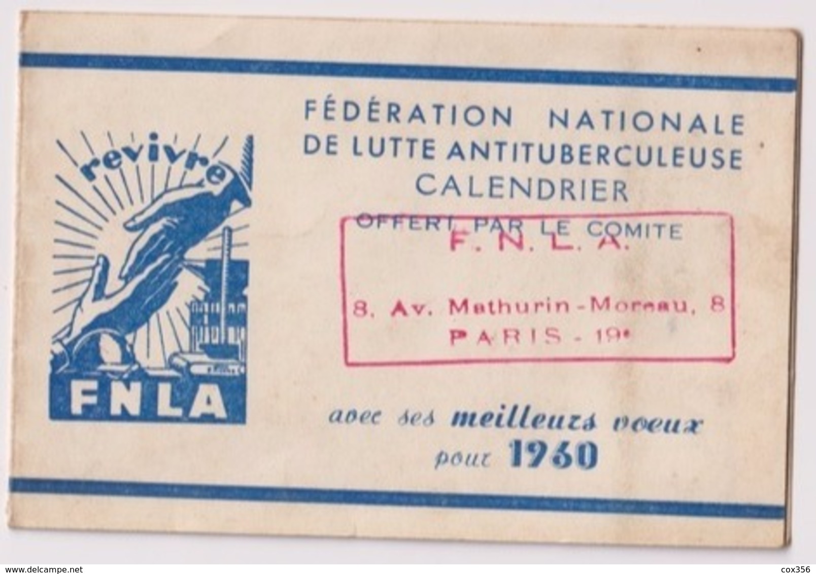 Petit CALENDRIER 1960 Pliant De La FNLA Fédération Nationale De Lutte Antituberculeuse PARIS 19e - Tamaño Pequeño : 1941-60