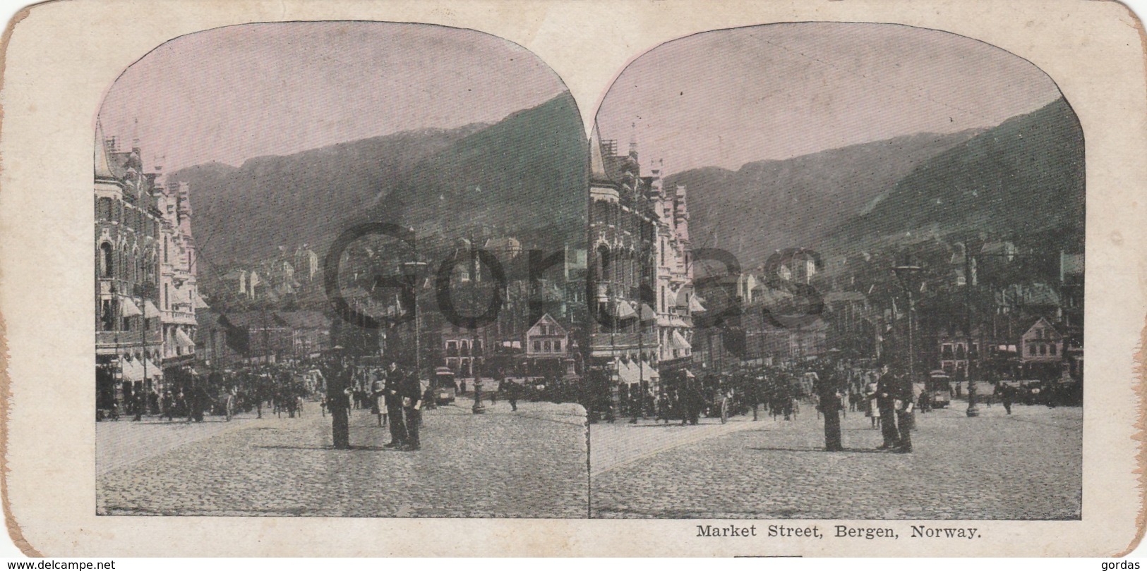 Norway - Bergen - Market Street - Stereoscopic Photo - 175x90mm - Stereoscoop