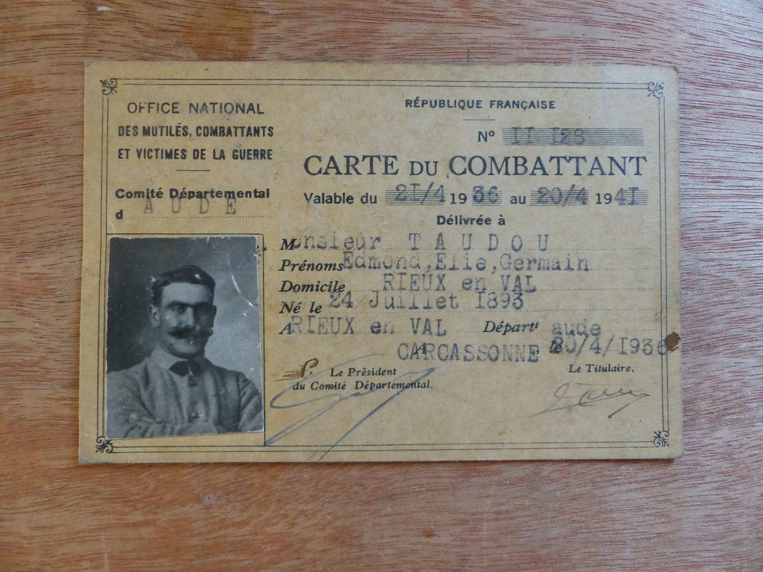 VP-2  ,  Carte Du Combattant , 1936-1941 - Historische Dokumente