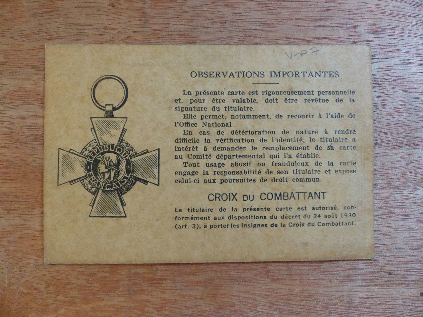 VP-2  ,  Carte Du Combattant , 1936-1941 - Historische Dokumente