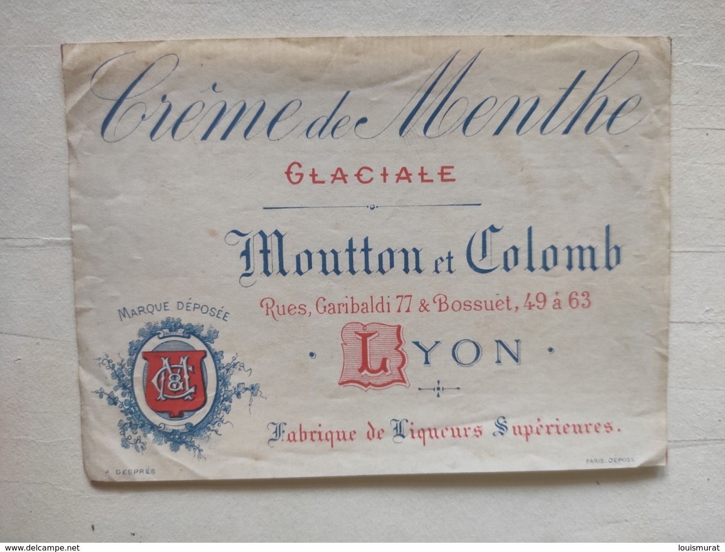 Magnifique étiquette Ancienne - Liqueurs Crème De Menthe Glaciale - Moutton Et Colomb Rue Garibaldi Et Bossuet Lyon - Other & Unclassified