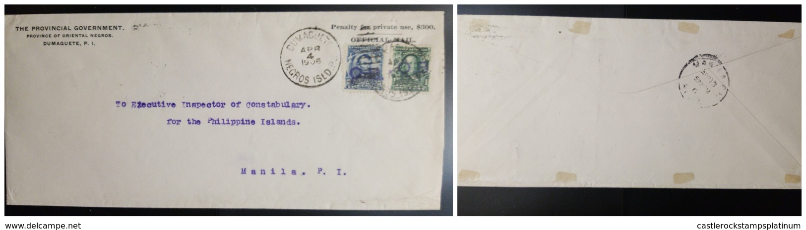 O) 1906 PHILIPPINES . US OCCUPATION, NEGROS ISLD, PENALTY FOR PRIVATEUSE, OFFICIAL MAIL, LINCOLN 5c, FRANKLIN 1c, THE PR - Filippine