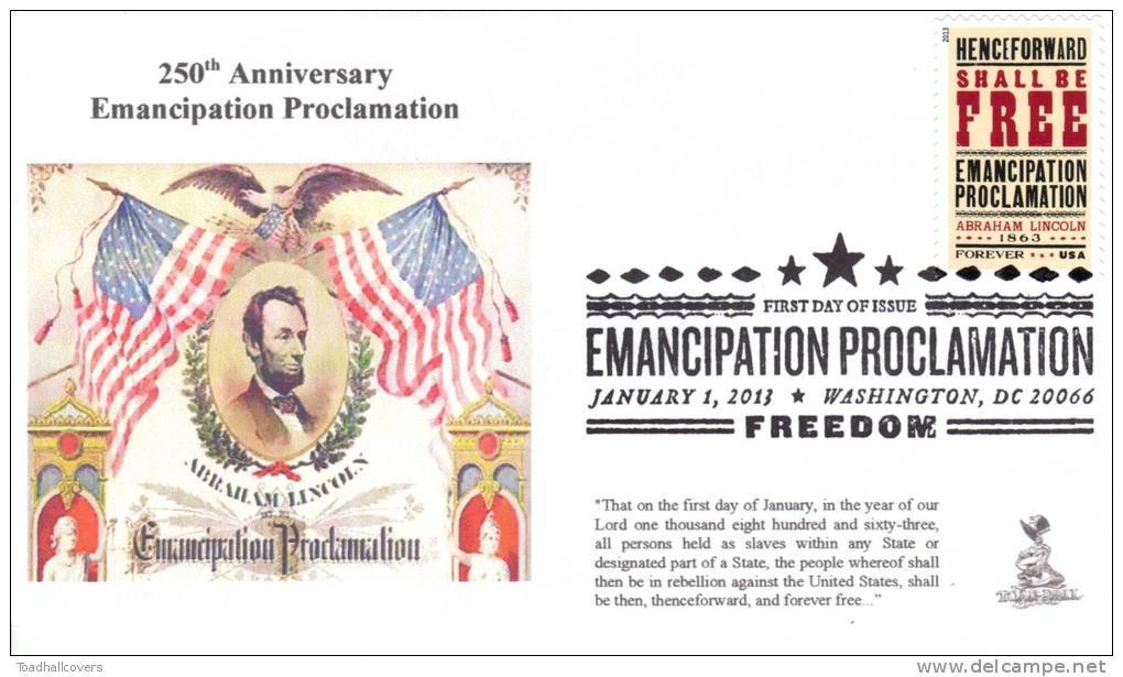 Emancipation Proclamation First Day Cover, W/ B&w Pictorial Cancel, From Toad Hall Covers!  Error! - 2011-...