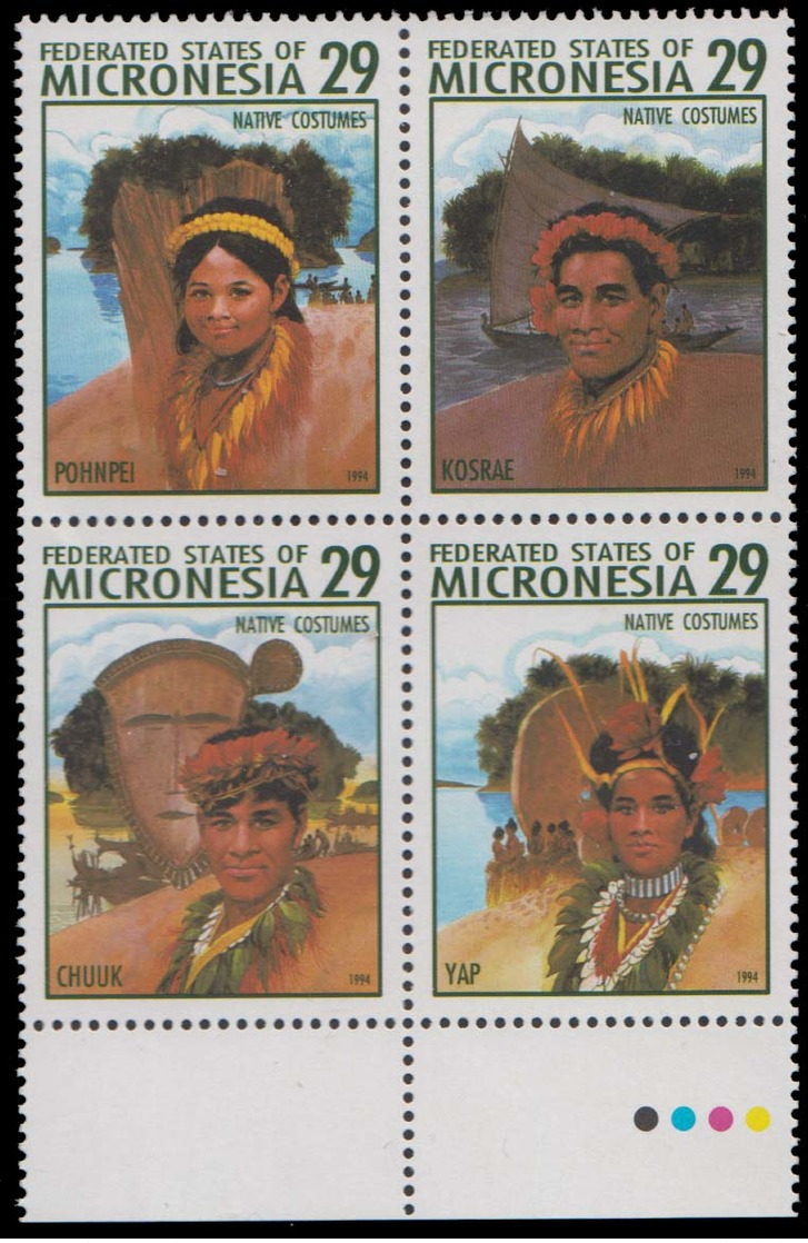 Scott 193   29c Pohnpei, 29c Kosrae, 29c Chuuk And 29c Yap Native Costumes Se-tenant Block Of Four. Mint Never Hin... - Micronesia