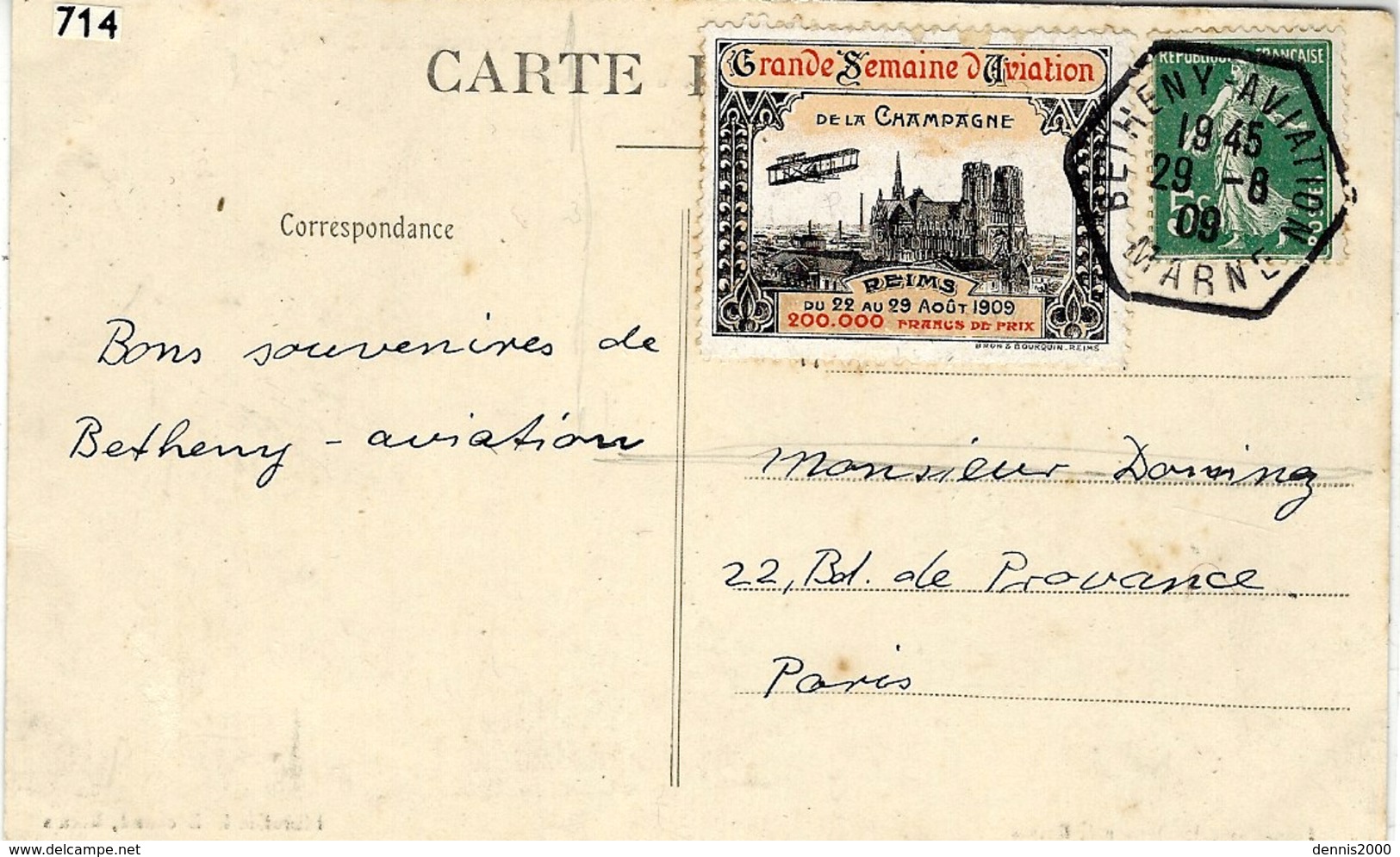 1908- C P A De La Grande Semaine D'aviation De La Champagne -affr. 5 C Oblit. BETHENY-AVIATION + Vignette  SUPERBE - 1960-.... Cartas & Documentos