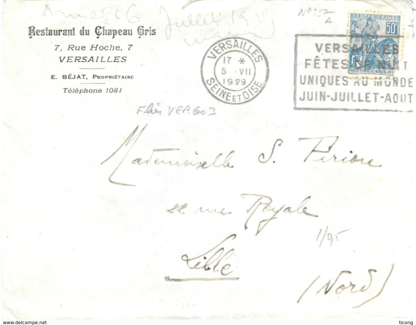 FRANCE LETTRE A ENTETE RESTAURANT DU CHAPEAU GRIS VERSAILLES, JEANNE D ARC, FLAMME FETES DE NUIT UNIQUES AU MONDE, - Storia Postale