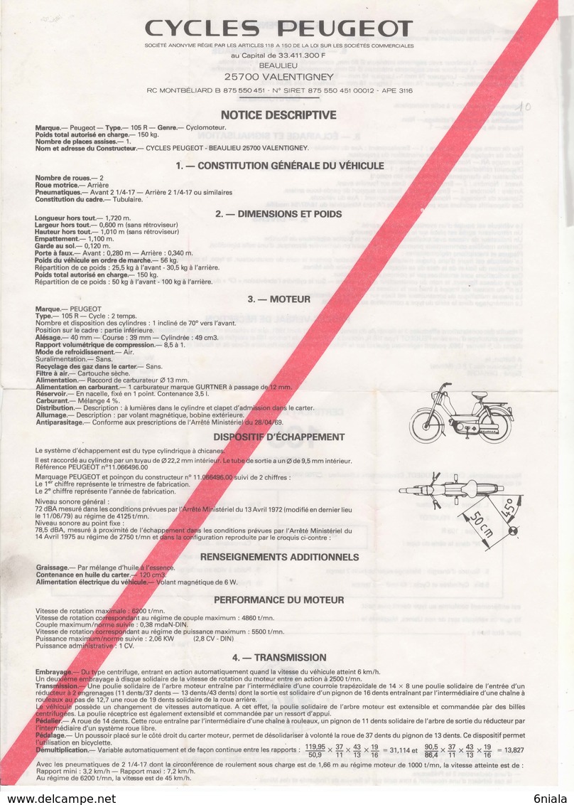 540 FEUILLE DES MINES CYCLES CYCLOMOTEUR PEUGEOT 105 5 NOTICE DESCRIPTIVE (  Original Pas Copie ) - Verkehr & Transport