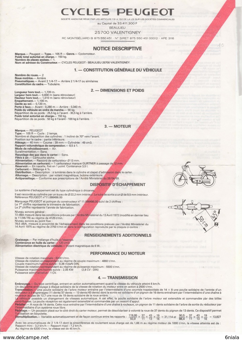 540 FEUILLE DES MINES CYCLES CYCLOMOTEUR PEUGEOT 105 5 NOTICE DESCRIPTIVE (  Original Pas Copie ) - Transportmiddelen