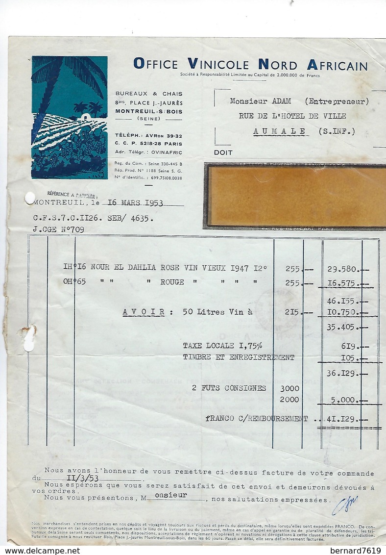 Document  93 Montreuil Sous Bois  Office  Viticole Nord Africain Annee 1953 - Food