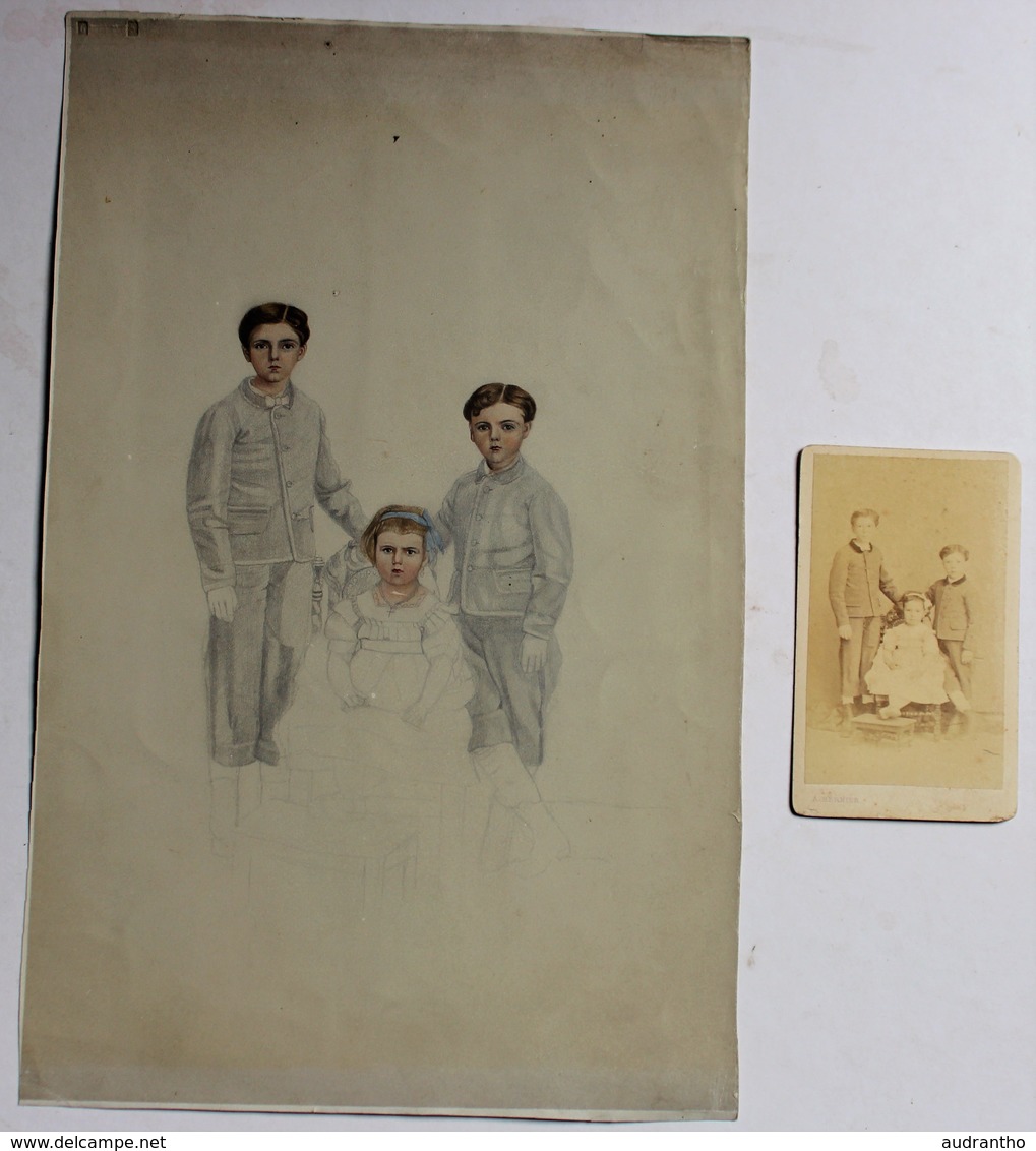 Dessin De 3 Enfants + CDV Photographie A. Bernier Brest 1 Rue Kléber Charles François Joseph BERTRAND Lesneven - Tekeningen