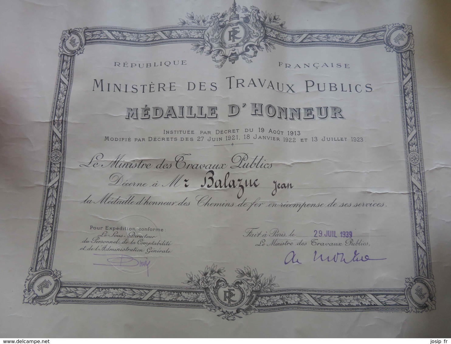 DIPLÔME: MÉDAILLE D'HONNEUR DES CHEMINS DE FER- MINISTÈRE DES TRAVAUX PUBLICS- 29/07/1939 - Diploma & School Reports