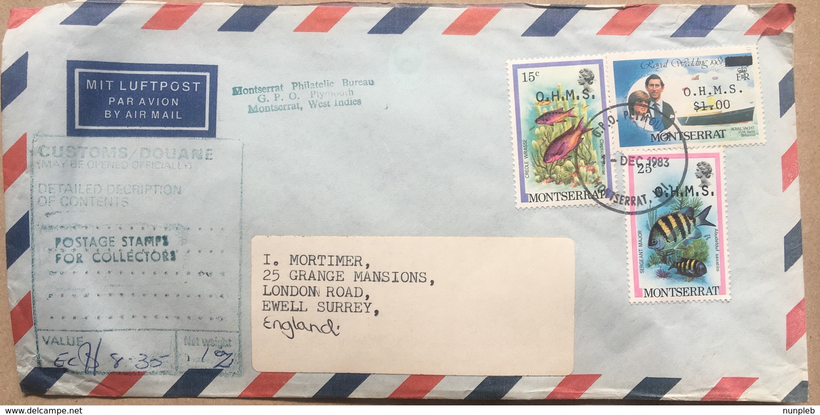 MONTSERRAT 1983 Air Mail Cover To England With Customs Cachet Tied With OHMS Overprints - Montserrat