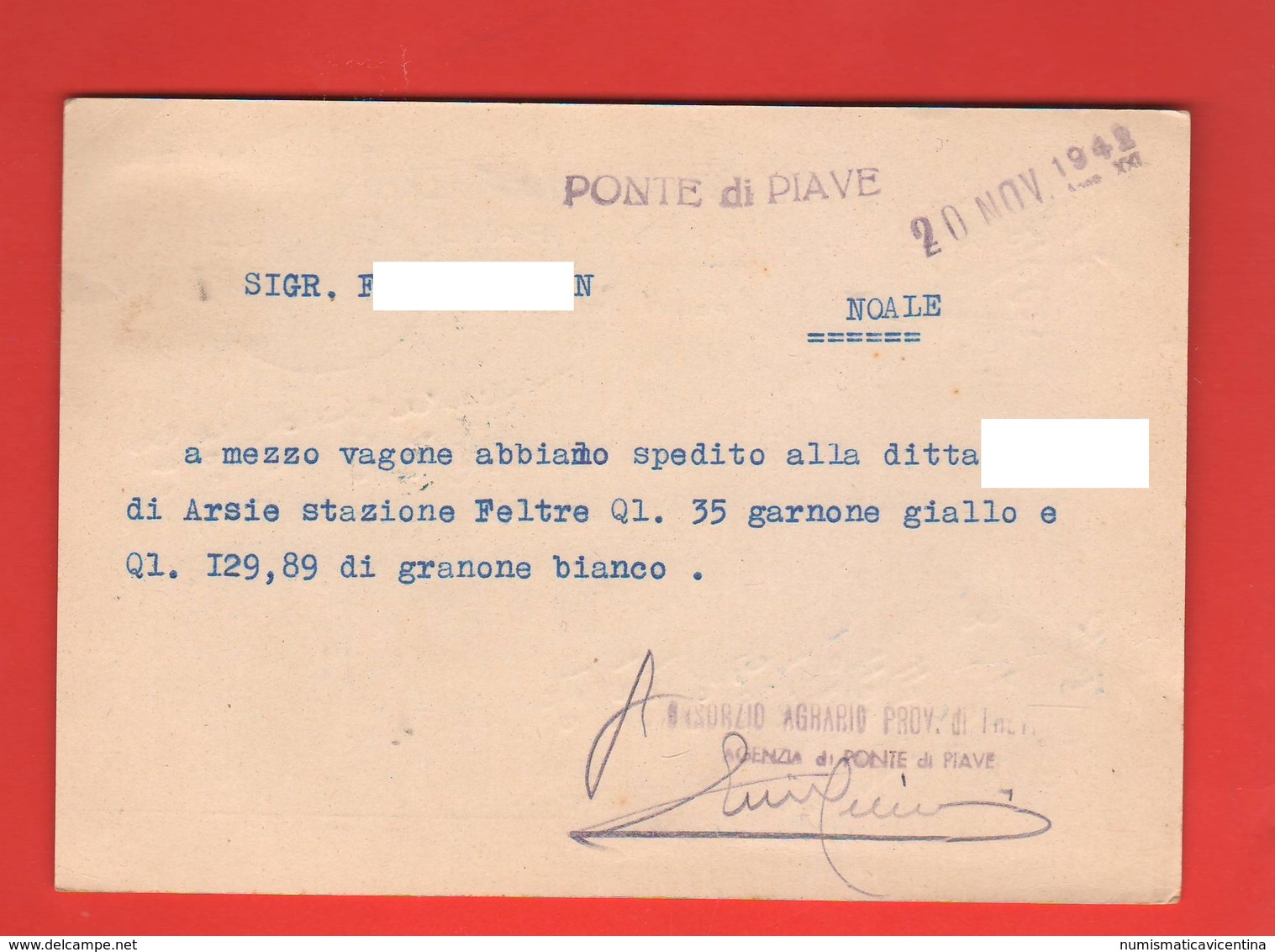 Ponte Di Piave Consorzio Di Treviso Commerciale Viaggiata 1942 Per Noale Venezia - Negozi