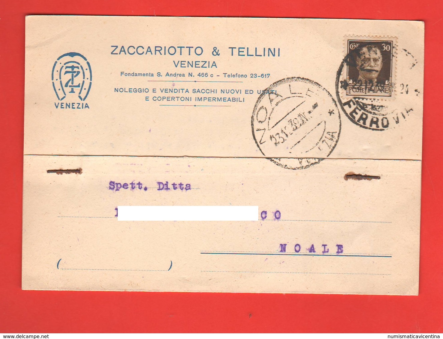 Venezia Ditta Zaccariotto & Tellini Cartolina Commerciale Viaggiata 1939 Per Noale Venezia - Negozi