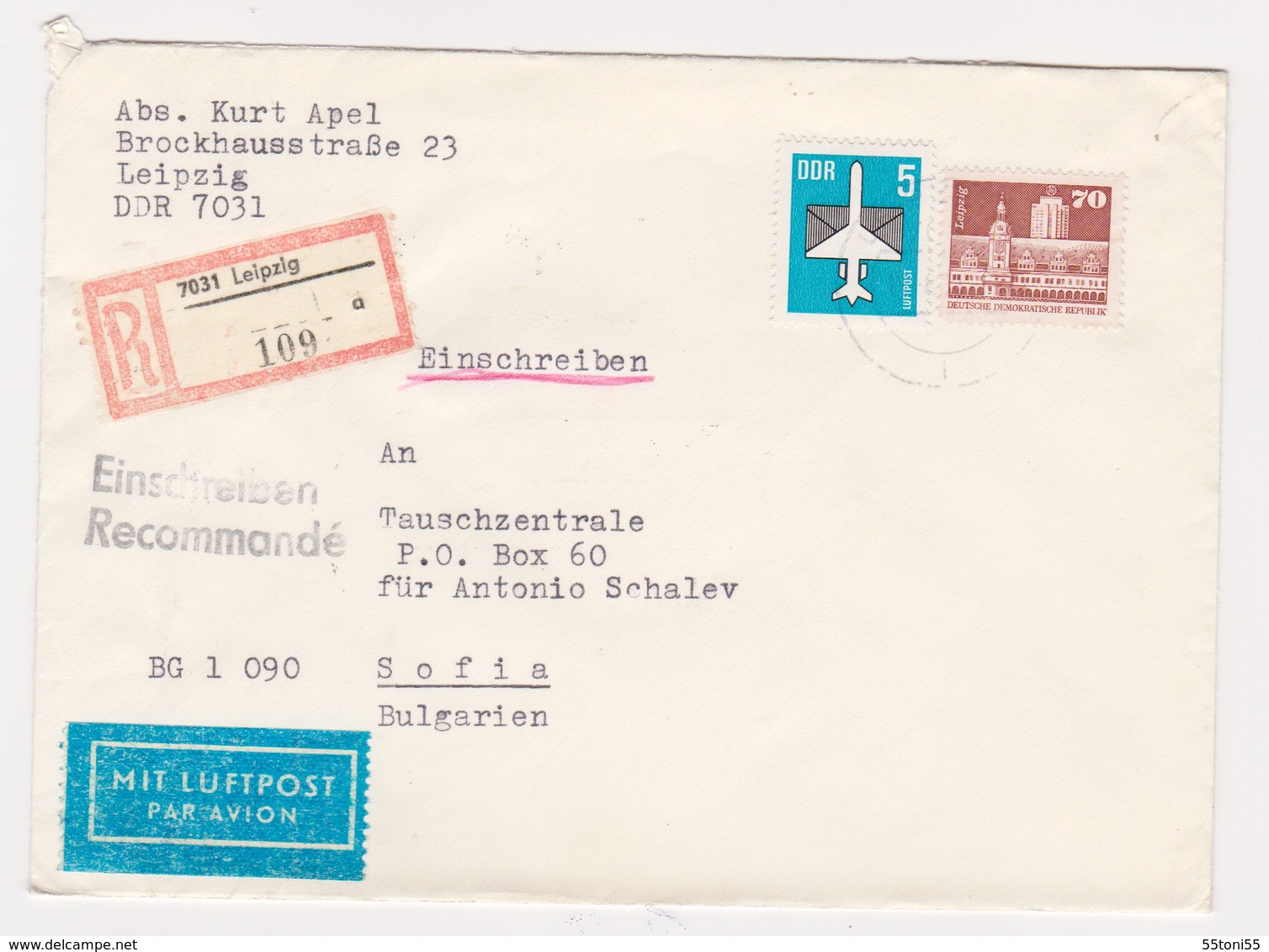 Germany – DDR /Bulgarien Einschreiben 1989 Mit R-Zetteln Aus 7047- Leipzig - Briefe U. Dokumente