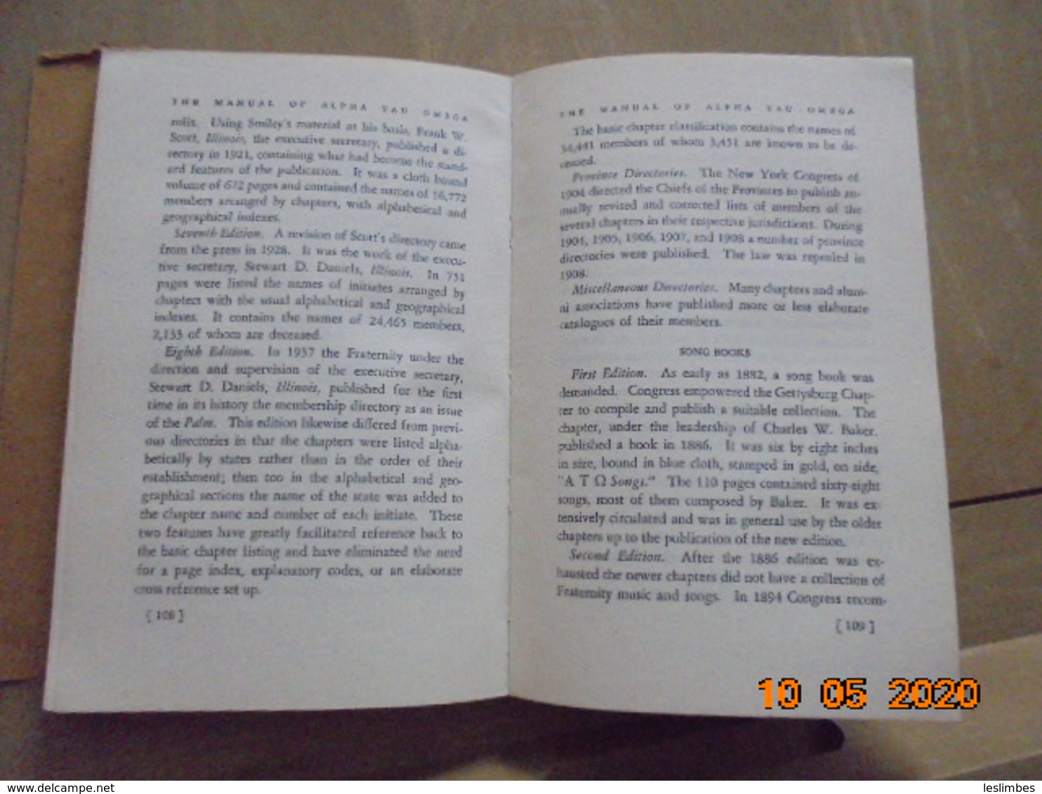 Manual Of The Alpha Tau Omega Fraternity By Claude T. Reno. Alpha Tau Omega Fraternity, 1946. Champaign, Illinois - 1900-1949