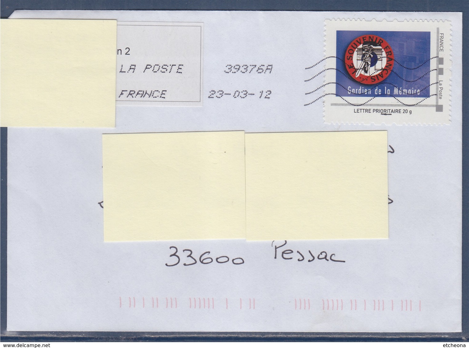 Sur Enveloppe Souvenir Français, Gardien De La Mémoire MonTimbraMoi LP 20g Oblitéré 23.03.12 - Cartas & Documentos
