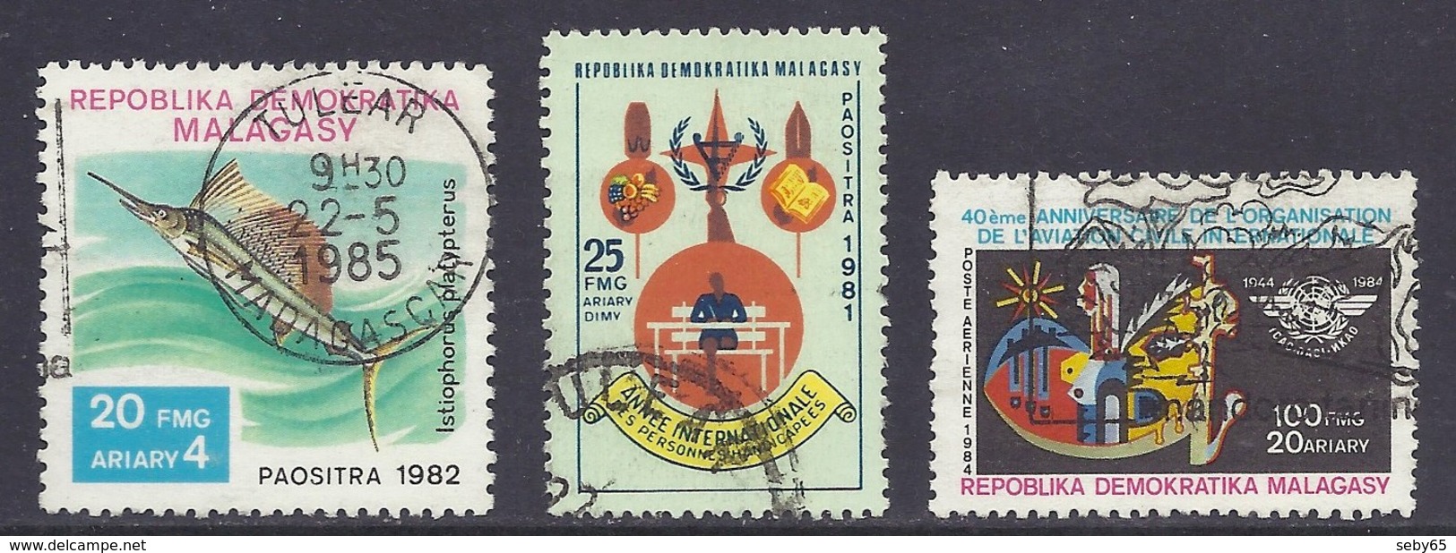 Madagascar / Malagasy - Marine Life, Fish, Istiophorus Platypterus, Aviation Civile, Year Of Handicapped - Used - Madagascar (1960-...)