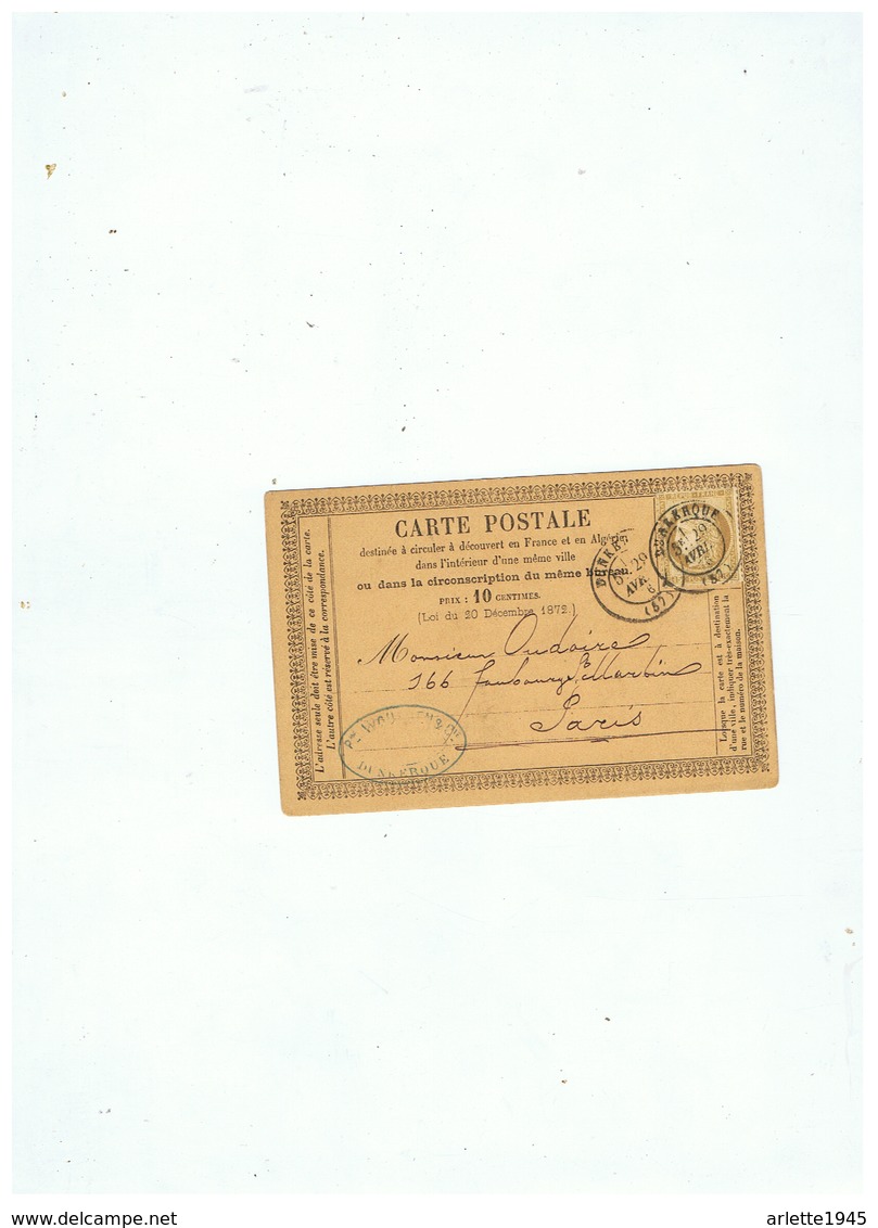 CARTE PRECURSEUR  DEPART DUNKERQUE (NORD) Pour PARIS 1876 - Andere & Zonder Classificatie