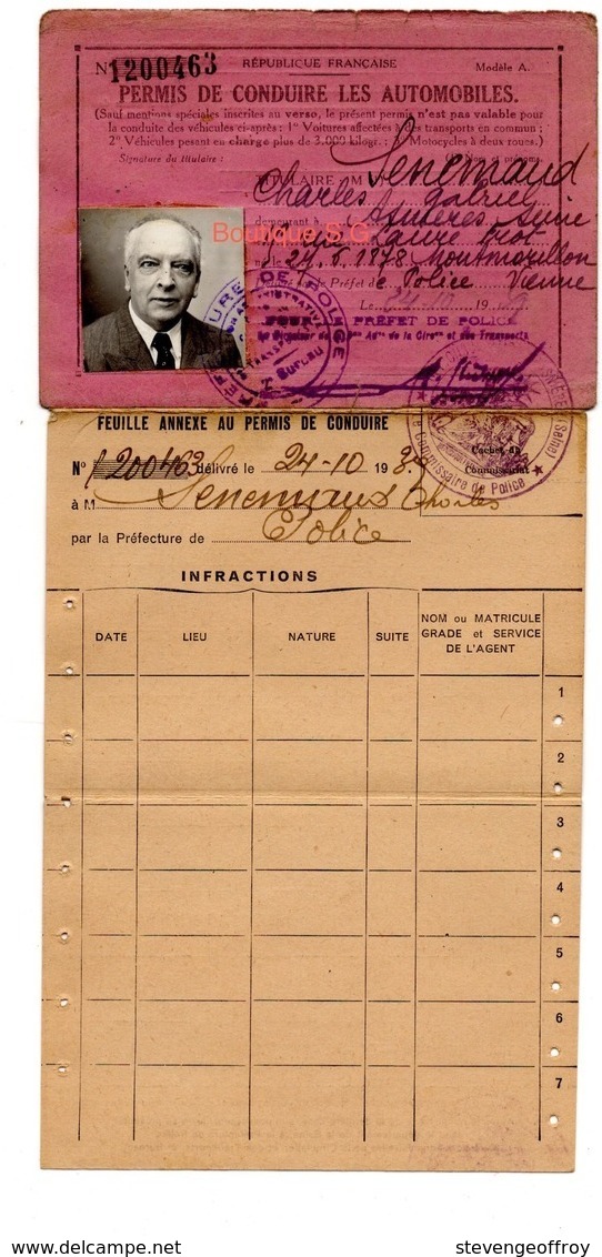 Permis De Conduire Senemaud Charles Automobile Asnieres Prefet De Police Voiture Vienne 1939 - Documents Historiques