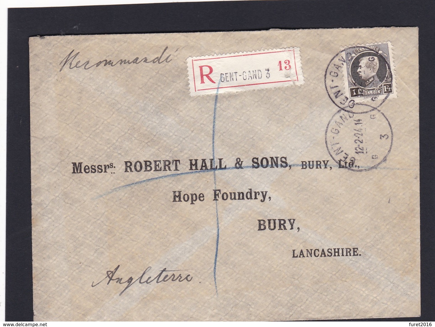 N° 214  / Lettre En Recommandé De Gand Vers Bury Angleterre - 1921-1925 Petit Montenez