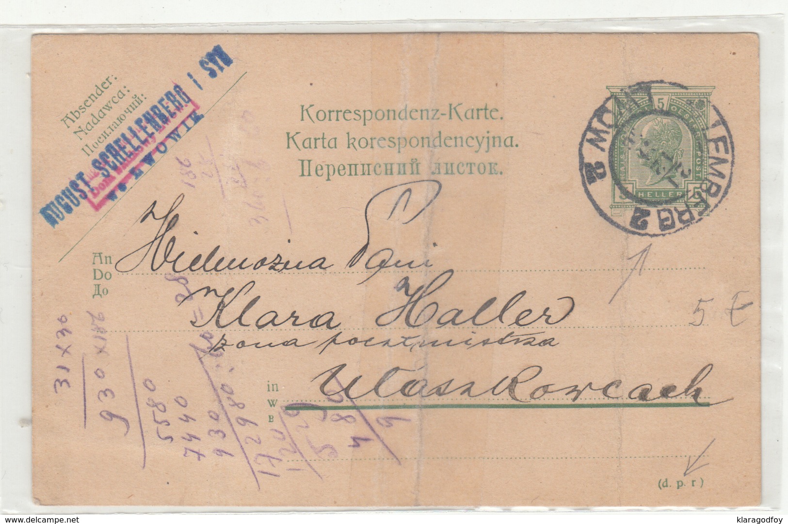 Austria Polish Ukranian Postal Stationery Postcard August Schellenberg I Syn Posted 1908 Lemberg Lwow Pmk B200601 - Altri & Non Classificati