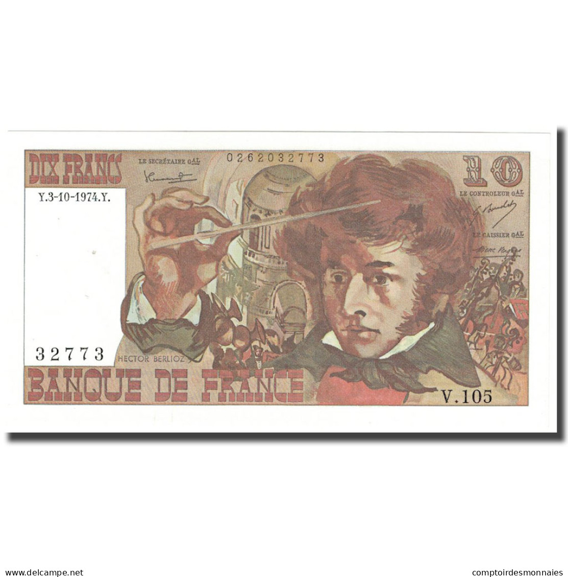 France, 10 Francs, Berlioz, 1974, 1974-10-03, SPL, Fayette:63.7a, KM:150a - 10 F 1972-1978 ''Berlioz''