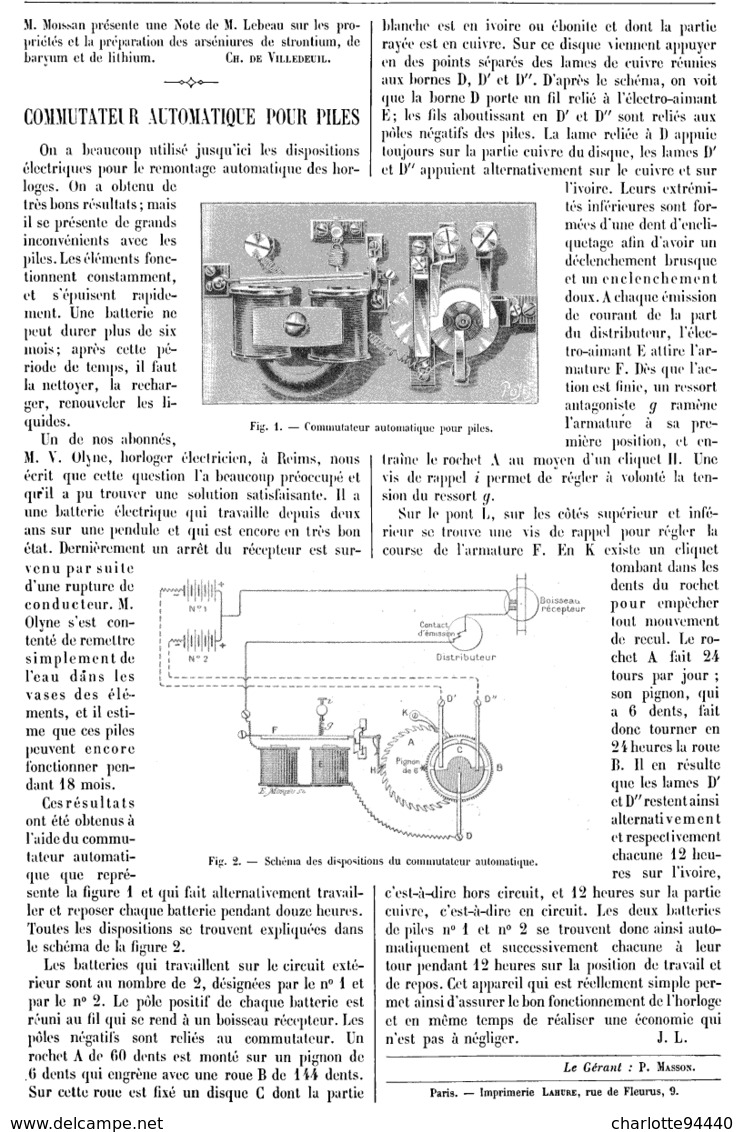 COMMUTATEUR AUTOMATIQUE Pour PILES  1899 - Otros & Sin Clasificación