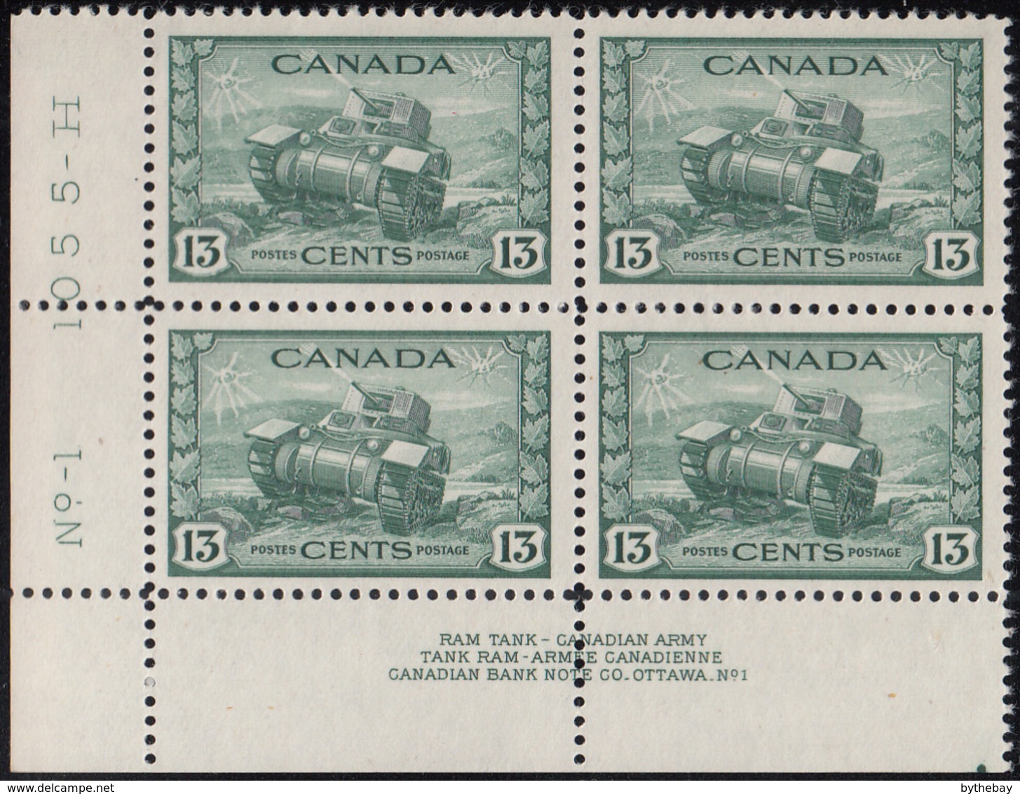 Canada 1942 MNH Sc #258 13c Ram Tank Plate 1 LL Block Of 4 - Plate Number & Inscriptions