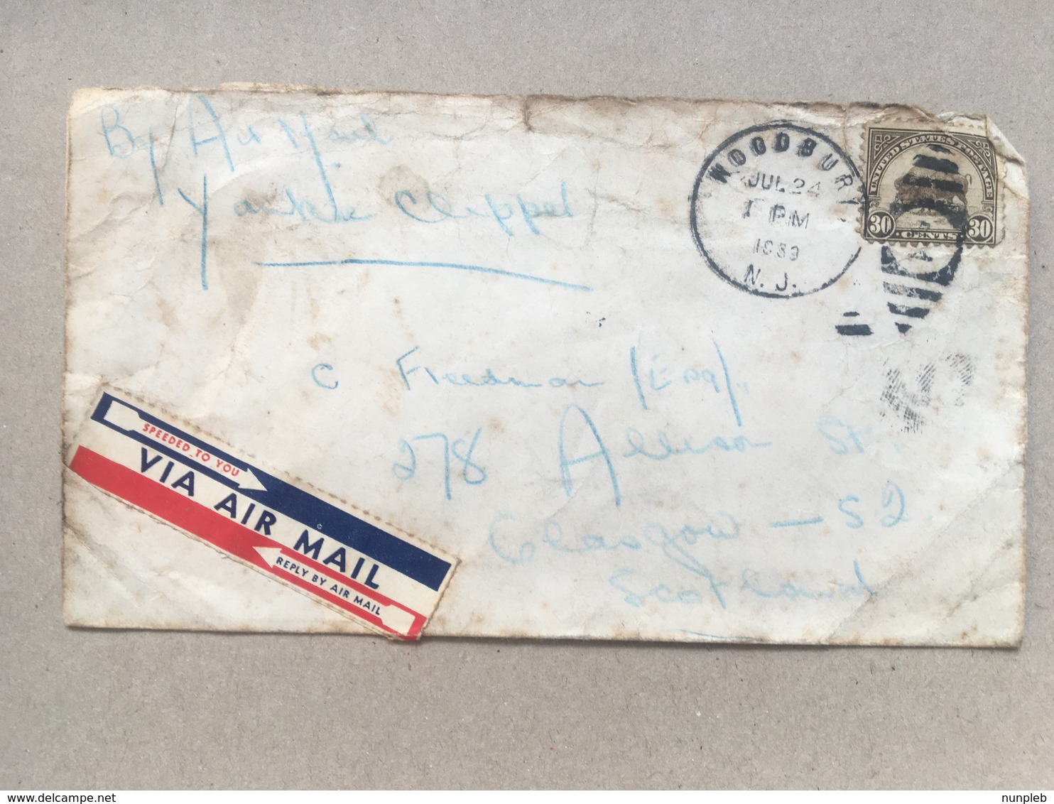 USA 1939 Air Mail Cover Woodbury N.J. To Scotland With Handwritten: `By Air Mail Yankee Clipper` - Brieven En Documenten