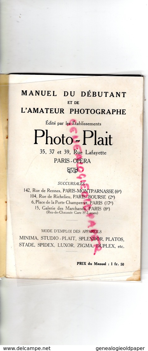 75- PARIS - MANUEL PRATIQUE DU DEBUTANT AMATEUR PHOTOGRAPHE PHOTO PLAIT-35 RUE LAFAYETTE-MINIMA-SPLENDOR-PLATOS-SPIDEX- - Photographie