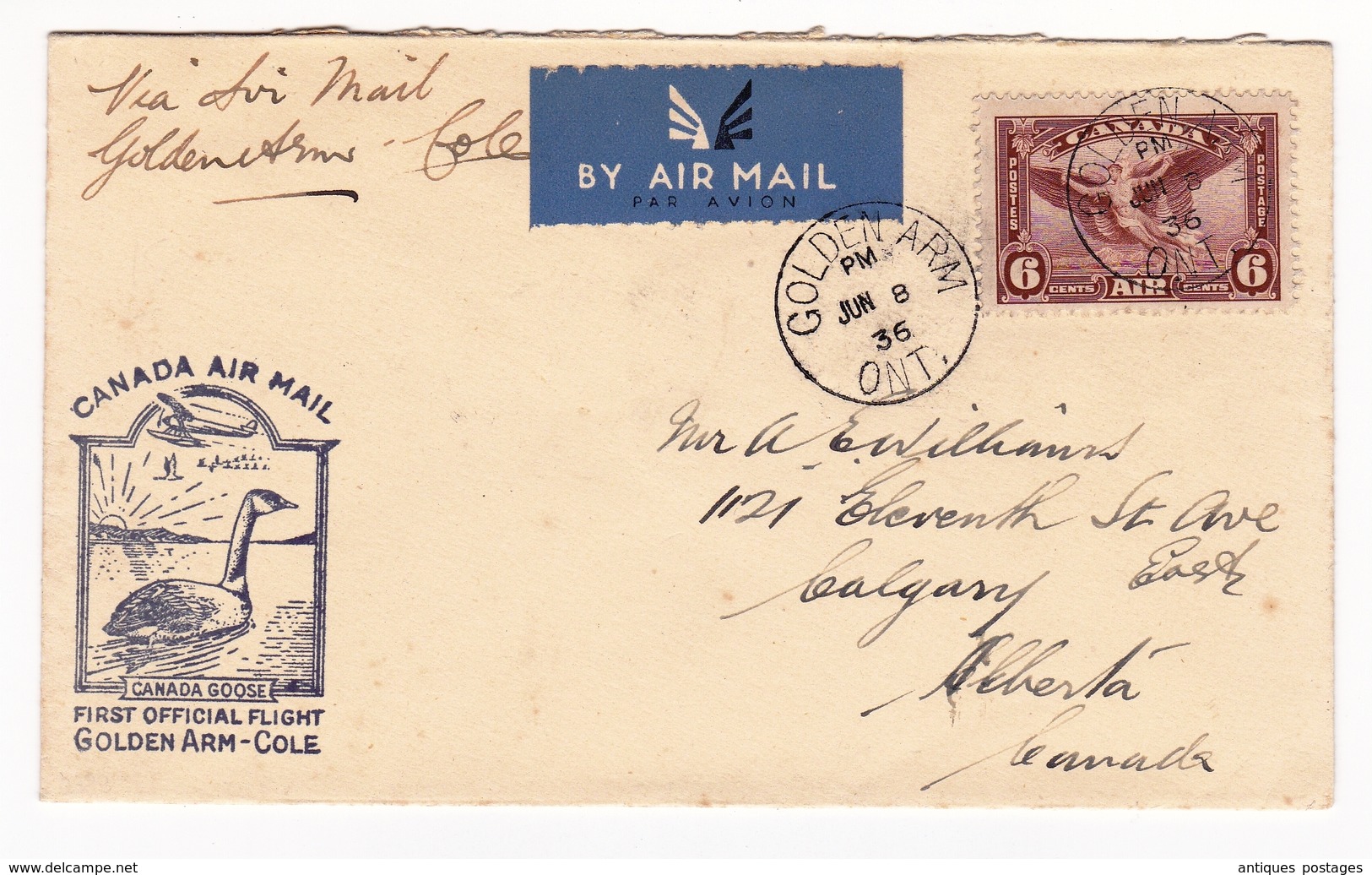 Golden Arm Ontario 1936 First Official Flight Golden Arm Cole Canada Air Mail Goose Oie - Poste Aérienne