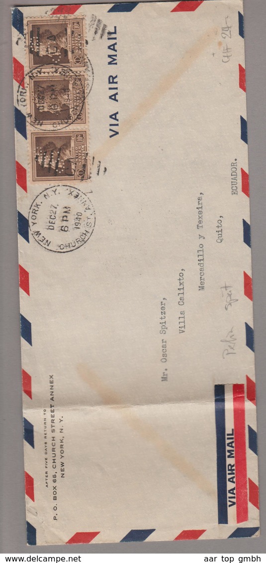 USA 1940-12-27 New York Perfin-Brief Nach Quito Ecuador 3 X 10 Cents - Covers & Documents