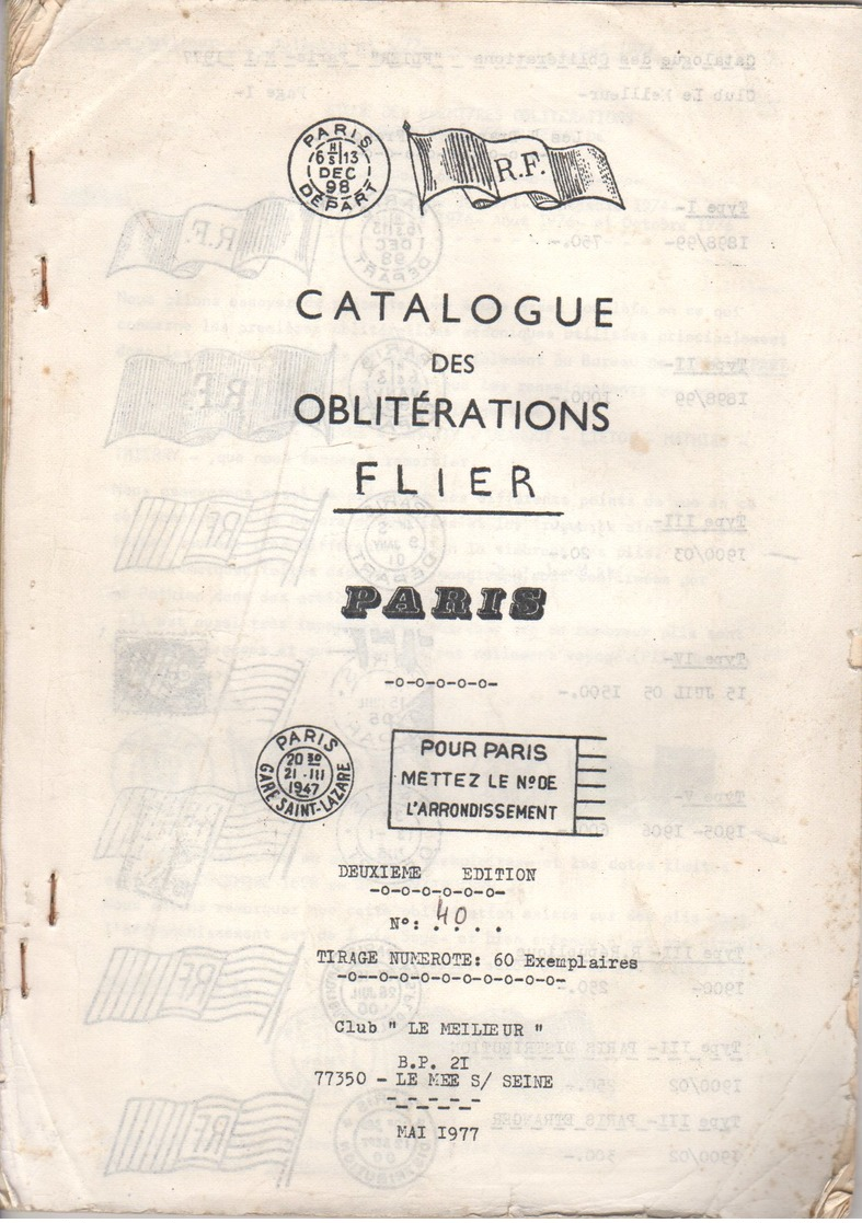 Catalogue Des Oblitérations Flier  Paris  Club Le Meilleur   Mai 1977 - Frankreich