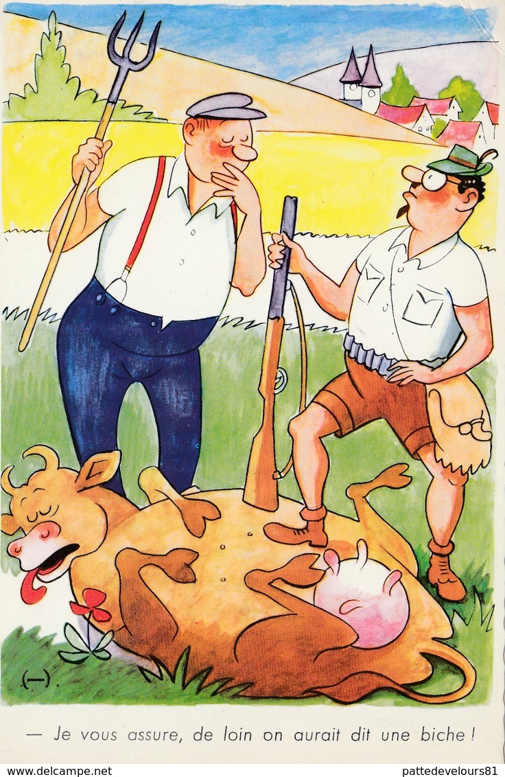 CPA Paysan Chasseur Chasse Biche Vache Bovin Humour Illustrateur A. GONDOT N° 1984  (2 Scans) - Gondot