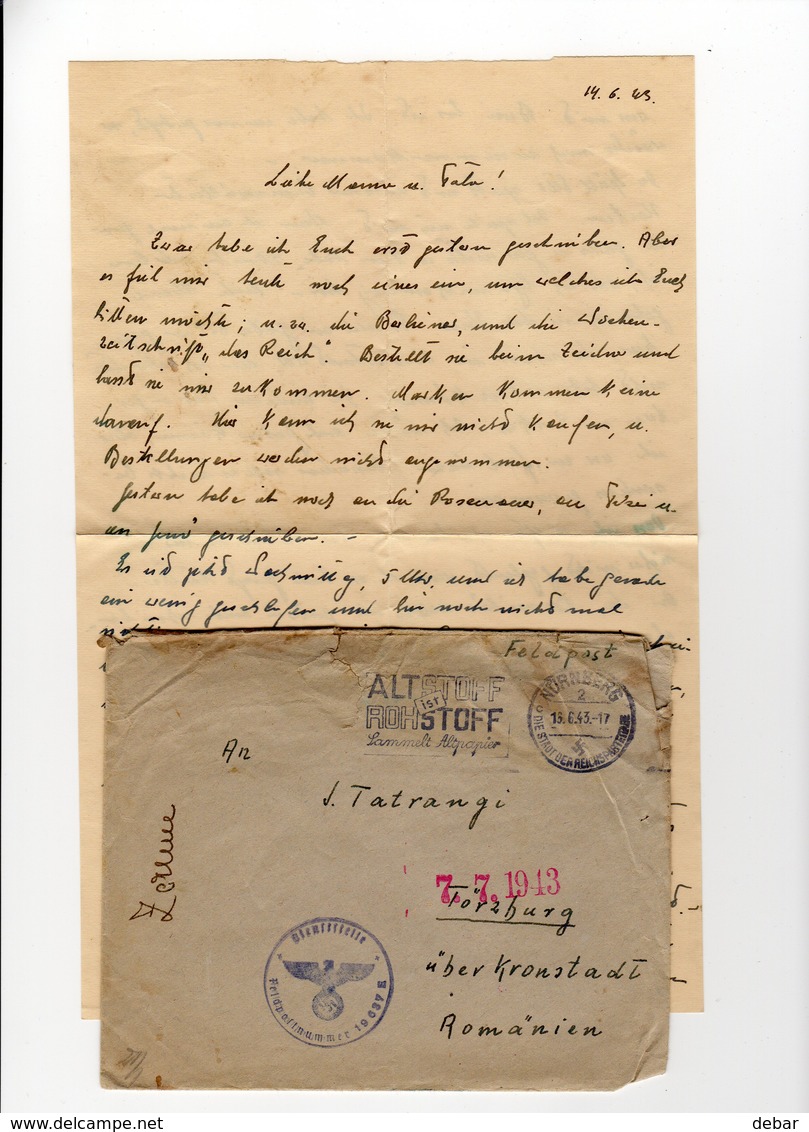 SS FELDPOST-19637 -15.6.1943 NORNBERG FROM TORZBURG  ROMANIEN - Covers & Documents