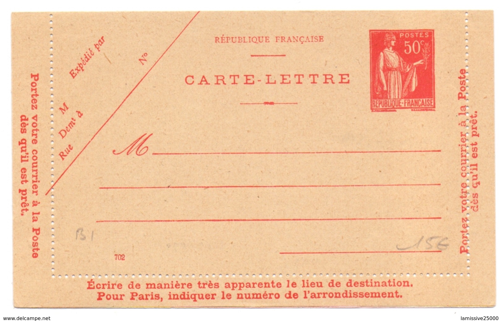 France Entier Carte Lettre 50 C Paix Neuve Sup - Kaartbrieven