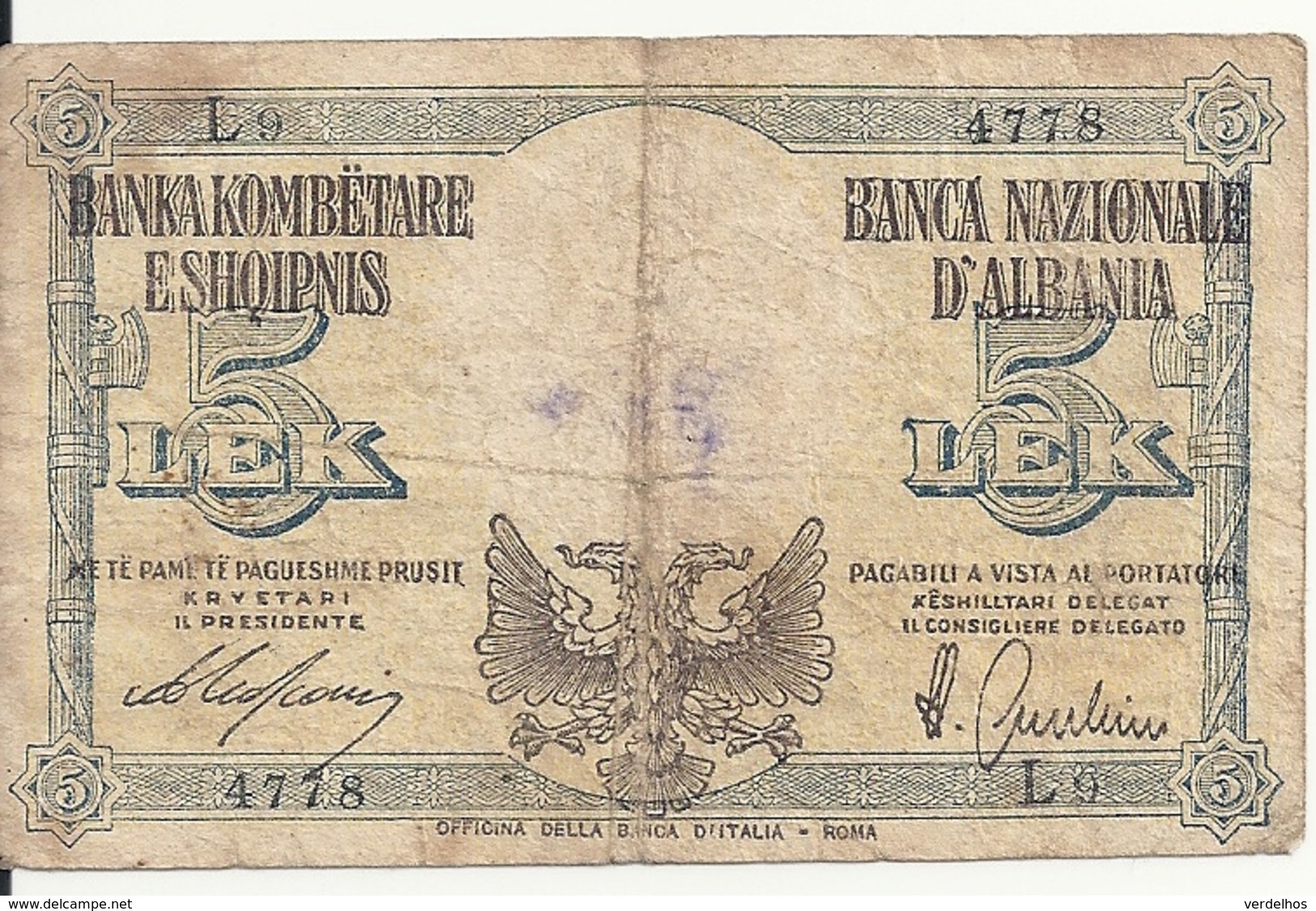 ALBANIE 5 LEK ND1940 VG+ P 10 - Albania