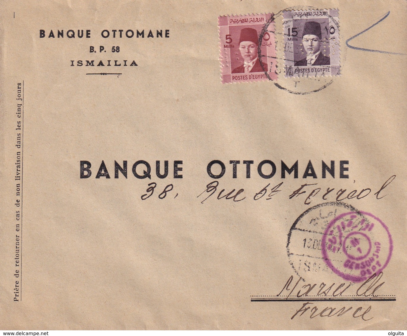 061/31 -- EGYPT PERFINS - Cover Franked ISMALIA 1939 To Marseille - PERFIN Stamps O.B. Banque Ottomane- Purple Censor M1 - Cartas & Documentos