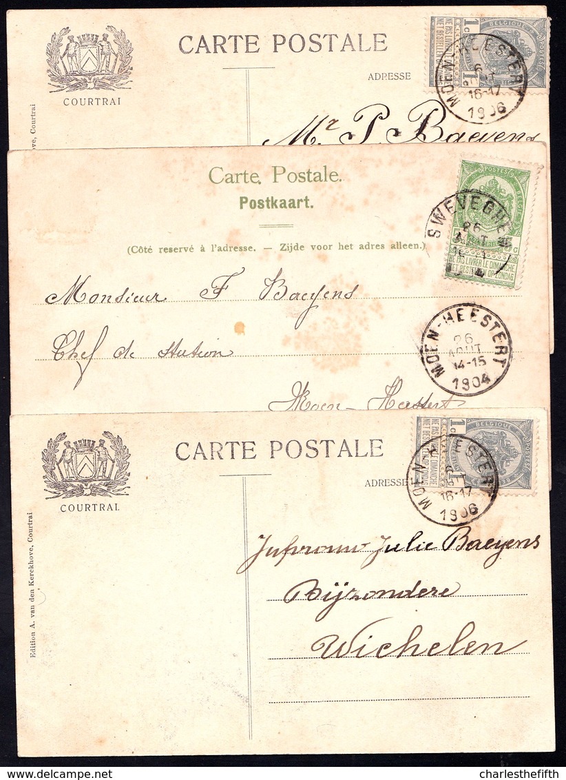 3 X MOOIE STEMPEL * MOEN HEESTERT * Op Kaarten Kortrijk - 1893-1907 Wapenschild