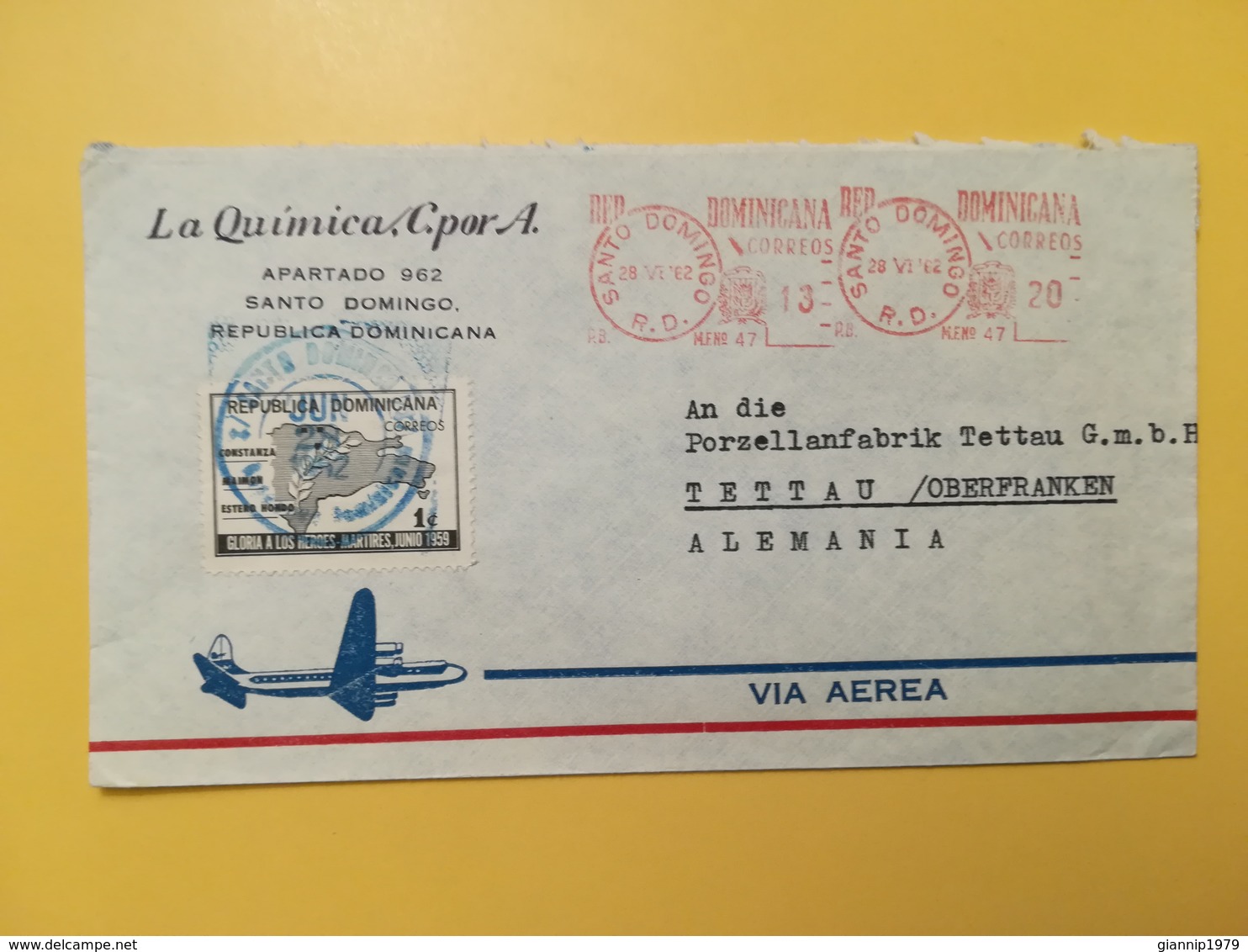 1962 BUSTA INTESTATA REPUBBLICA DOMINICANA BOLLO AFFRANCATURA MECCANICA ROSSA ANNULLO OBLITERE' SANTO DOMINGO - Dominikanische Rep.