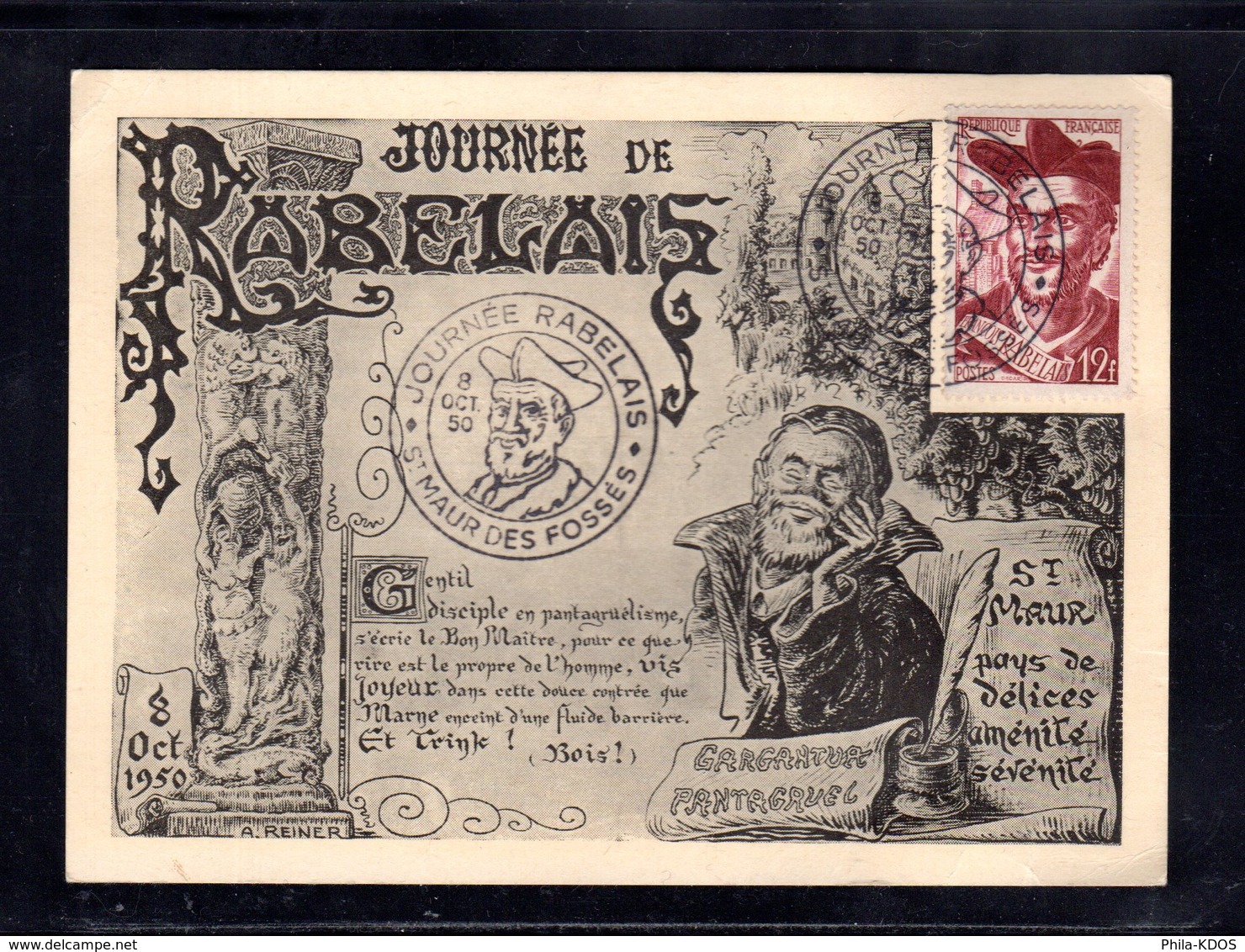 " FRANCOIS RABELAIS " Sur Carte Maximum De 1950. Obl. ST MAUR DES FOSSES. N° YT 866. Voir Les 2 Scans.pour L'état CM - 1950-1959