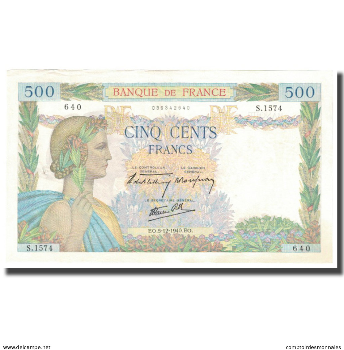 France, 500 Francs, La Paix, 1940, 1940-12-05, SUP, Fayette:32.10, KM:95a - 500 F 1940-1944 ''La Paix''