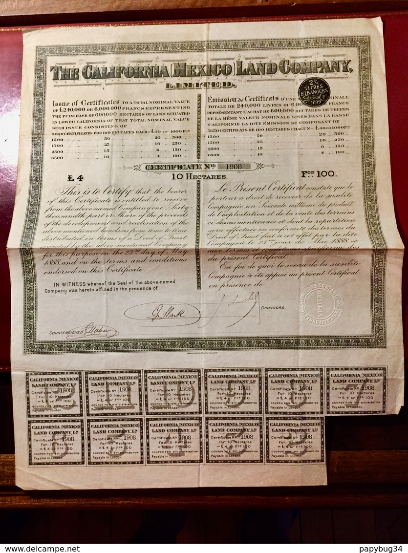 The  CALIFORNIA  MEXICO  LAND  COMPANY , LIMITED -------  Certificat  De  100 Frs - Other & Unclassified