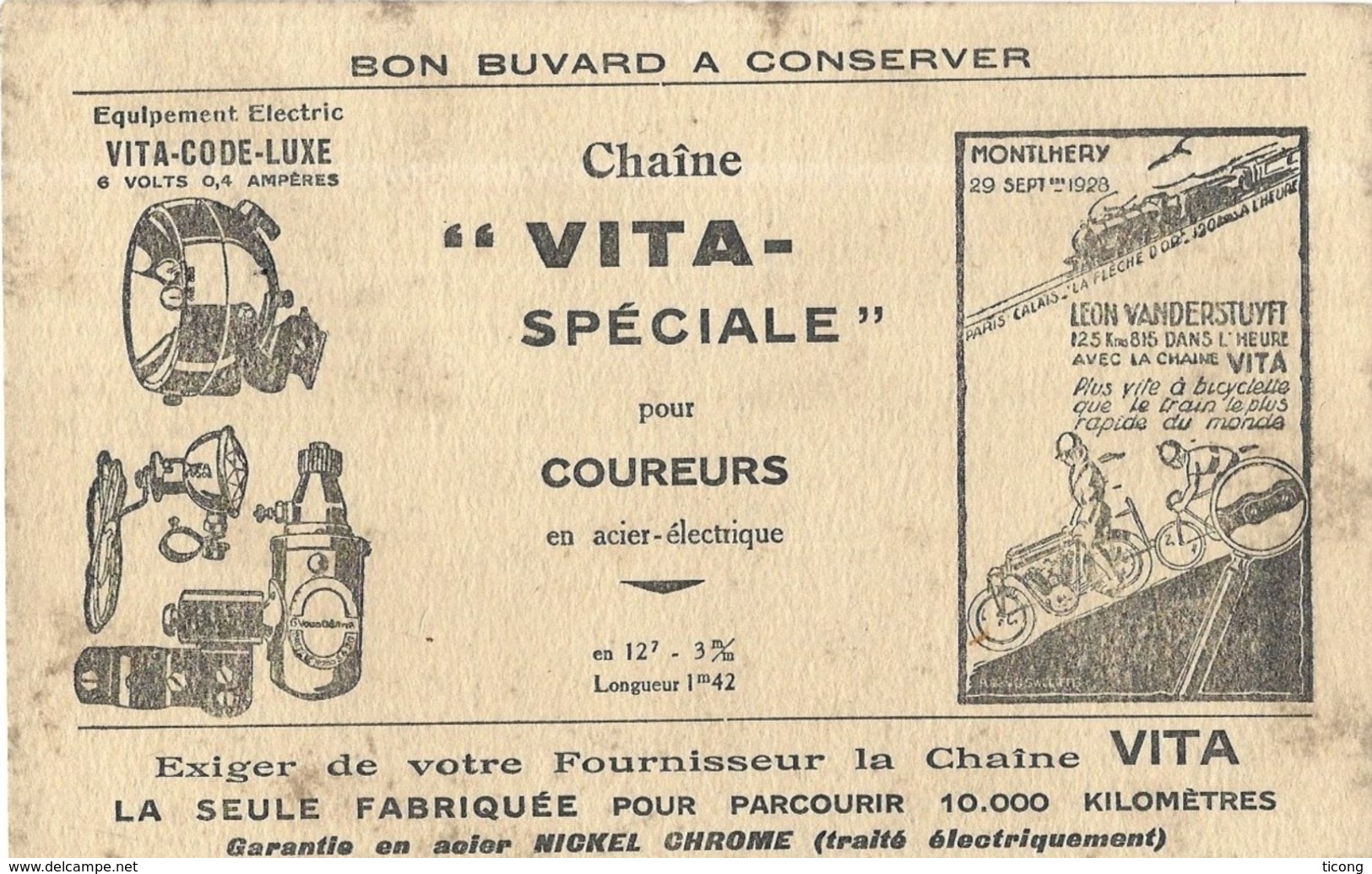 CYCLISME - LEON VANDERSTUYFT COUREUR BELGE, TRAIN LA FLECHE D OR, CHAINE VITA POUR COUREURS, BUVARD ANCIEN A SAISIR - Moto & Vélo