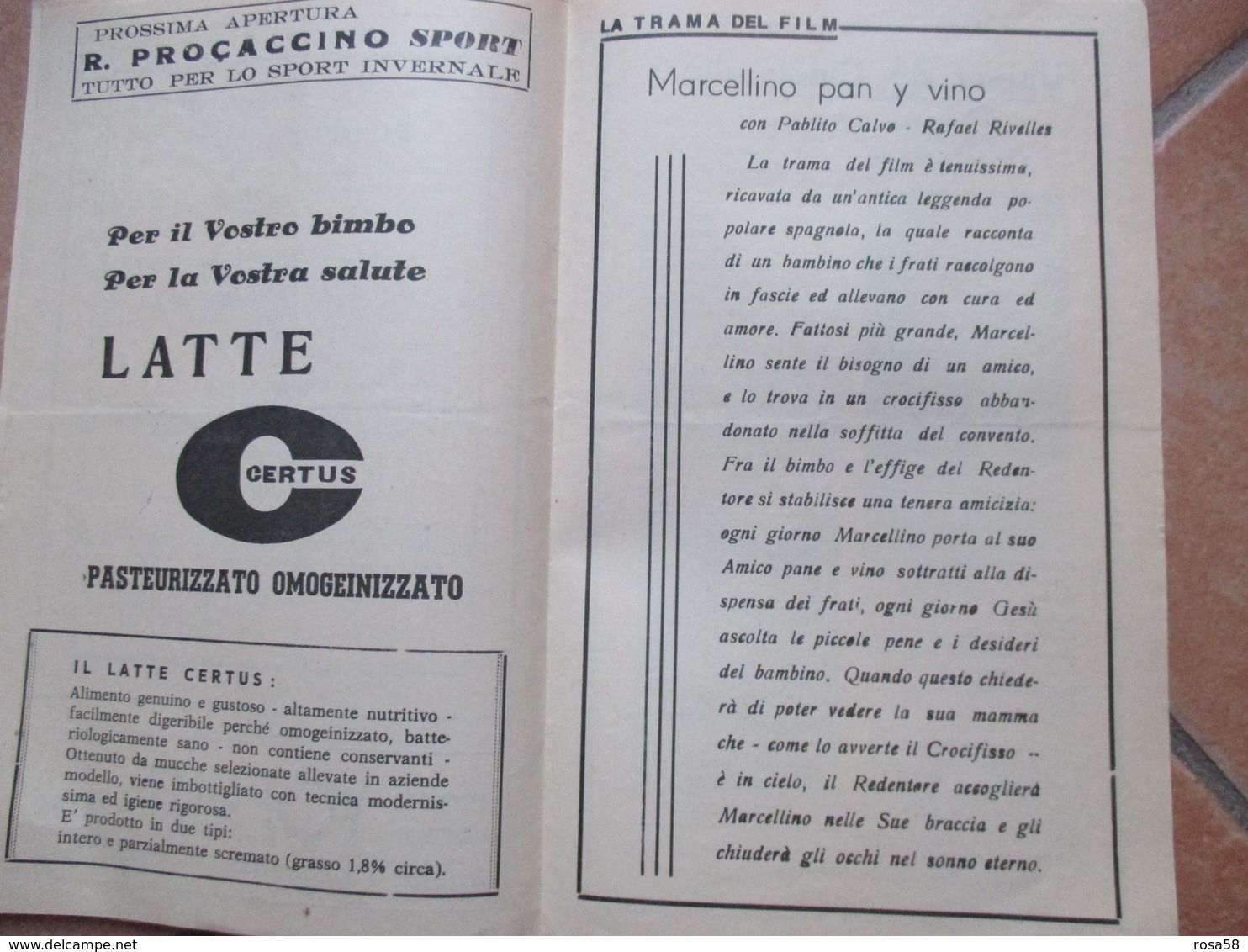 NAPOLI Cinema BELLINI Programma Film Marcellino Pan Y Vino Pablito Calvo Antonio Vico  Pubblicità - Programmi